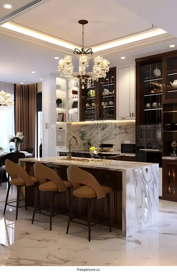 Modern Kitchen Interior Design with Marble Countertop and Crystal Chandelier