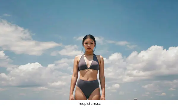 Asian Woman in Swimsuit Against a Cloud Filled Sky