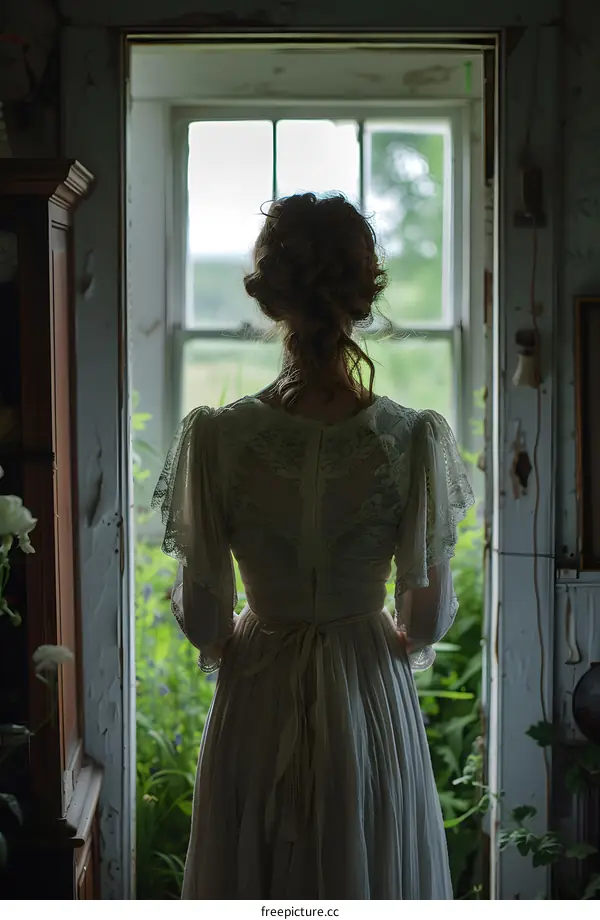 A young woman in a white lace dress is standing in front of a window, gazing out at the view.