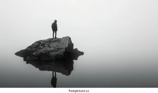 Man standing alone on a rock in the middle of a foggy lake with his reflection in the water