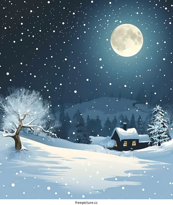 Snowy Winter Night Landscape with Cabin and Full Moon
