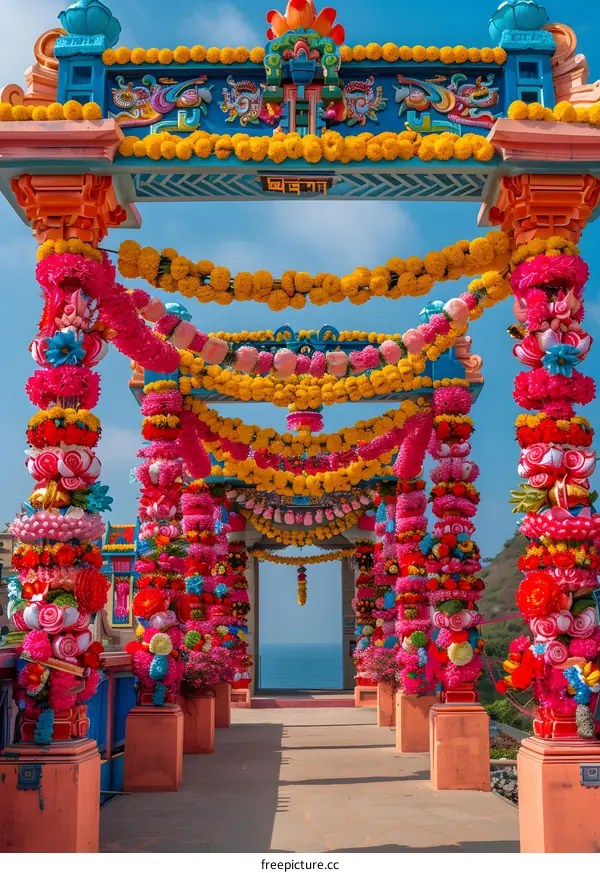 Colorful floral archway leading to a temple