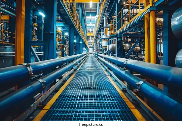 Blue and yellow industrial pipes and walkway