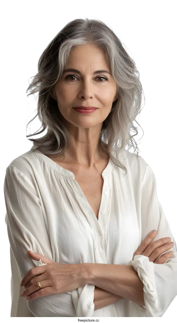 [Transparent Background PNG]portrait of a beautiful middle aged woman with gray hair
