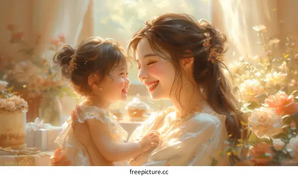 Asian mother and daughter in white dresses smile at each other happily