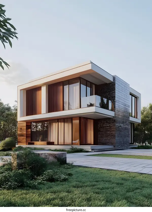 Modern House with Wooden Panels and Stone Walls