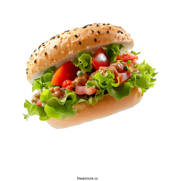 [Transparent Background PNG]Delicious Sesame Seed Topped Burger With Lettuce and Tomato