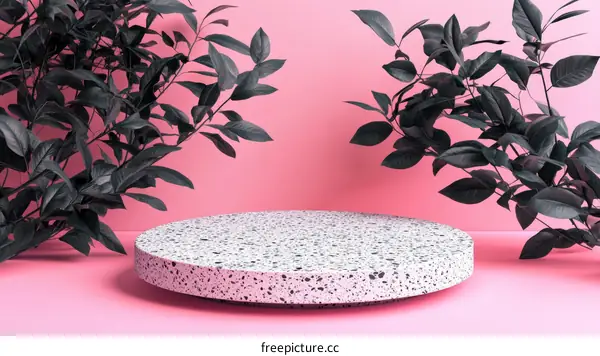 Pink Background with Decorative Plants and Round Platform