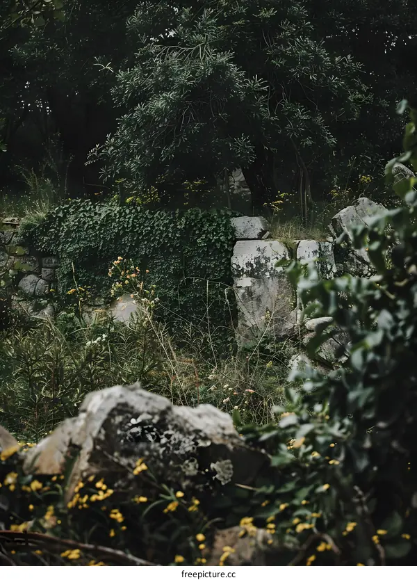 Stone Wall Covered In Green Ivy With Yellow Flowers