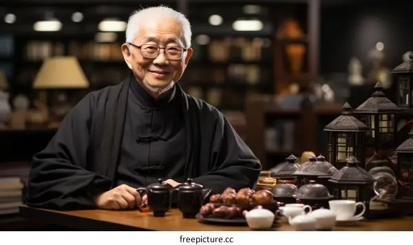 Portrait of a smiling elderly Asian man sitting at a table with teapots and cups