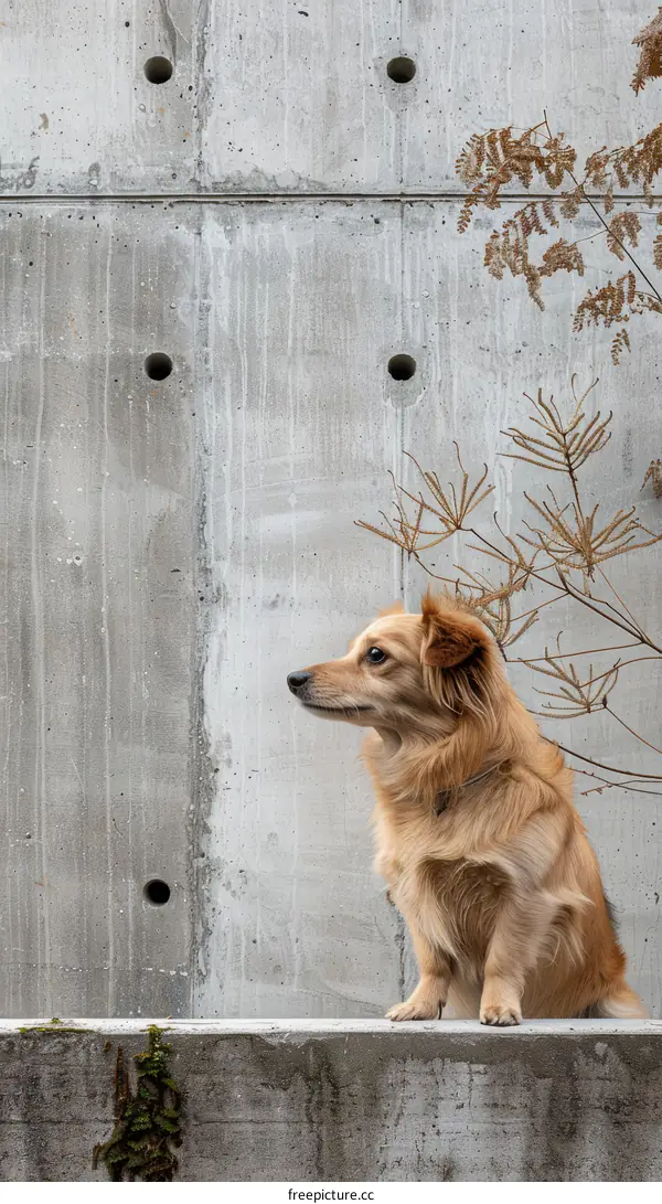 A Small Brown Dog Sitting on a Ledge in Front of a Concrete Wall with Holes
