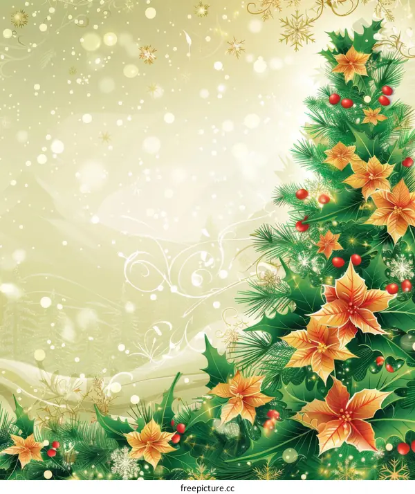 Sparkling Christmas Tree with Ornaments and Snowflakes