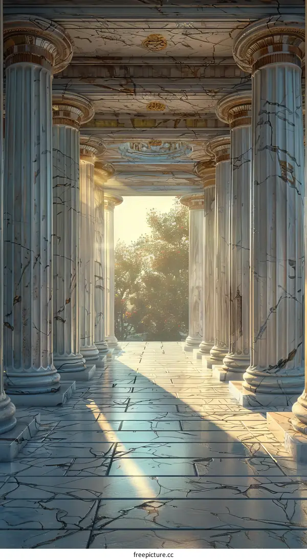 The sun shines through the marble corridor