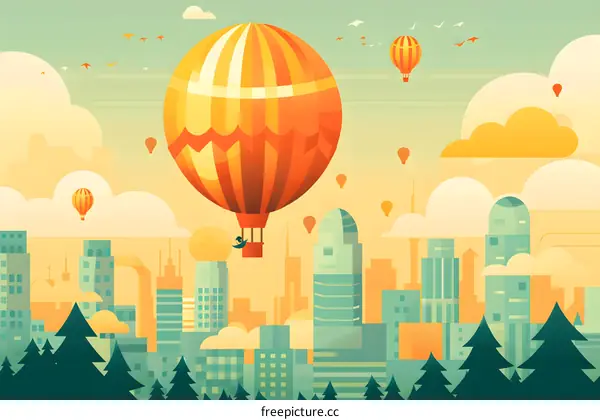 Hot Air Balloon Above Cityscape Illustration