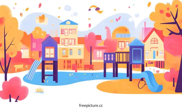 Colorful Illustration of a Small Town with Houses, Trees, and a Park