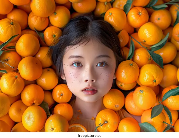 Little girl laying in pile of oranges