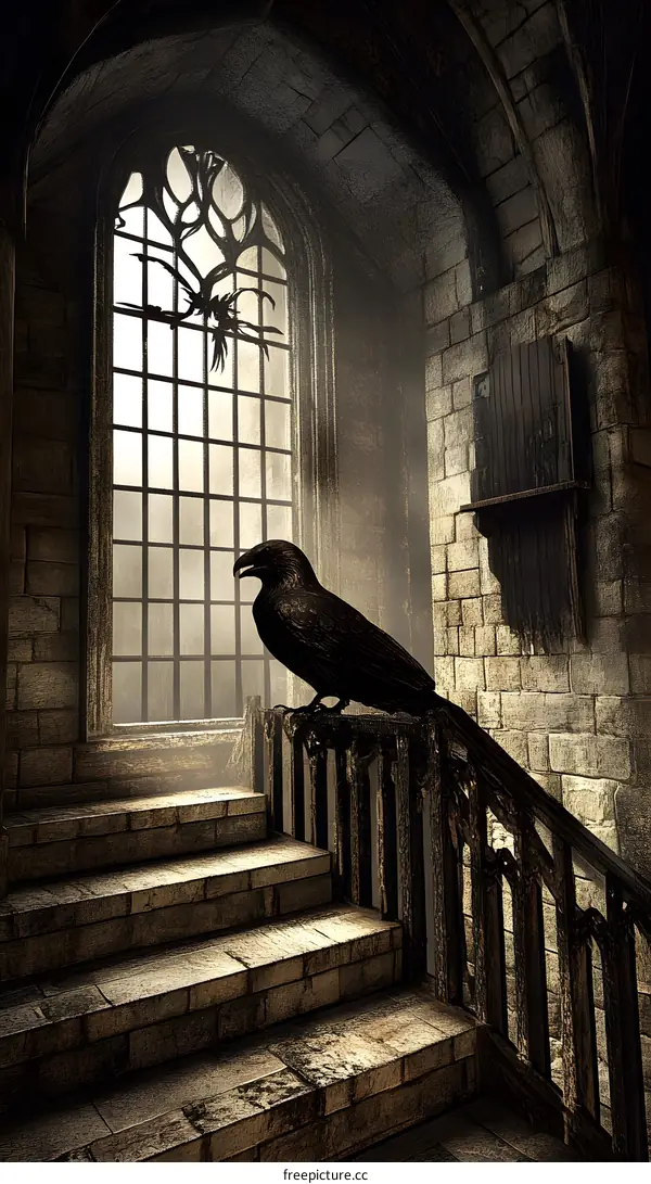 Raven on Staircase in Old Building