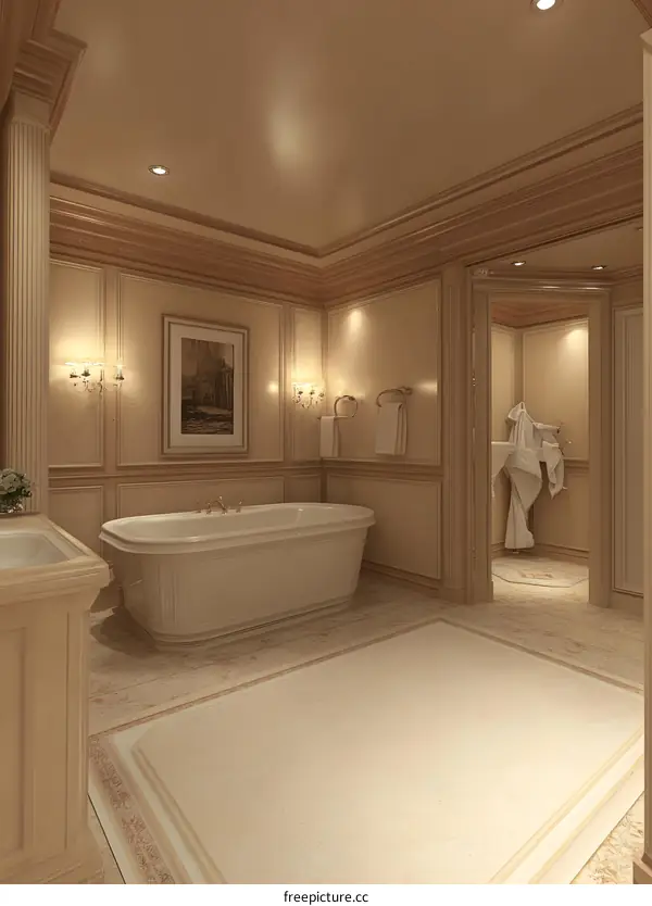 Modern Bathroom Interior Design With White Bathtub And Wooden Walls