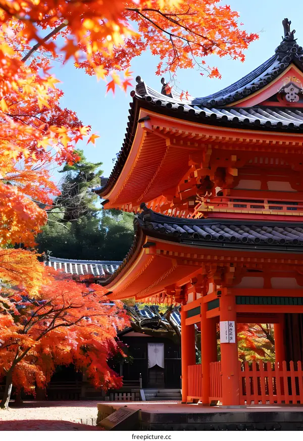 A photo of a temple with red leaves in autumn