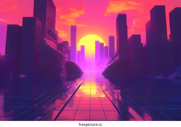 Cyberpunk Cityscape at Sunset with Digital Grid