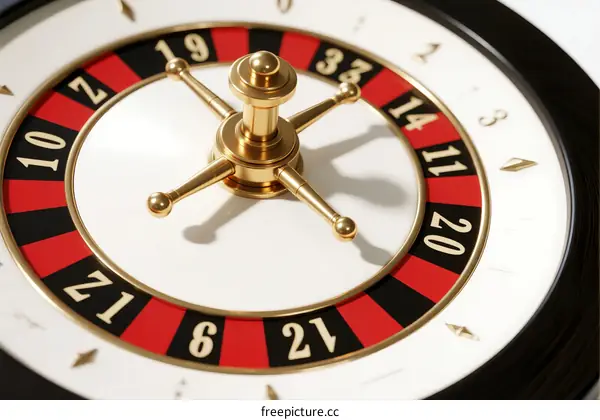 Close-up of a roulette wheel with red and black numbers