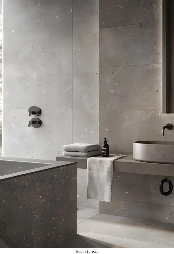 Modern Bathroom with Concrete Tiles and Minimalist Decor