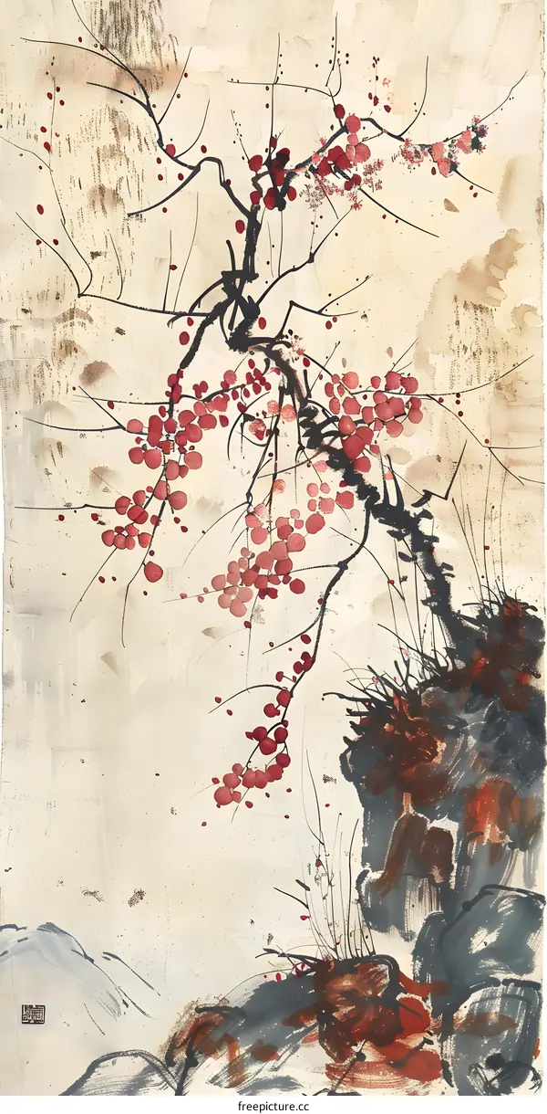 Abstract Watercolor Painting of Branch with Red Berries