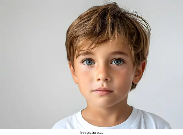 Portrait of Young Boy with Freckles and Blue Eyes