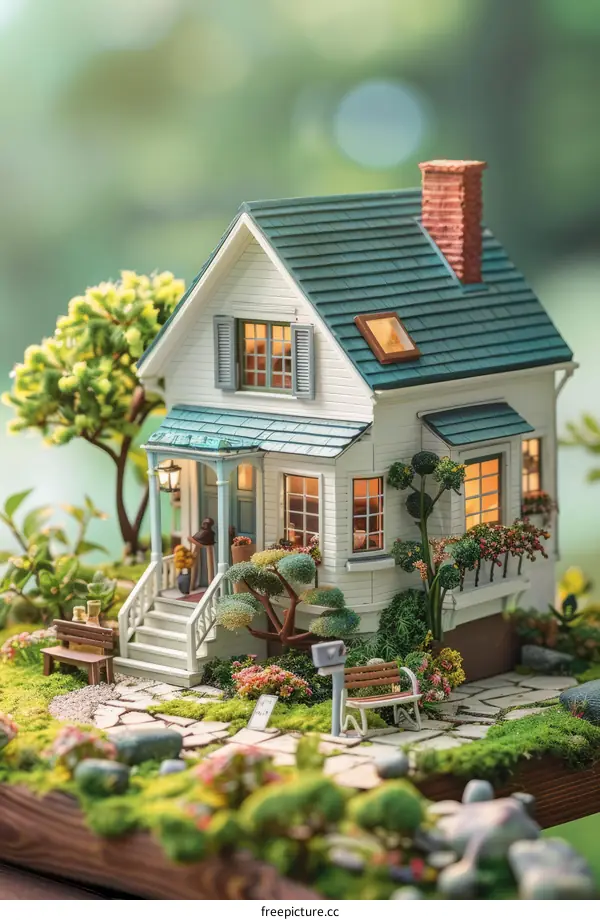 Charming White Cottage with Blue Roof and Green Lawn