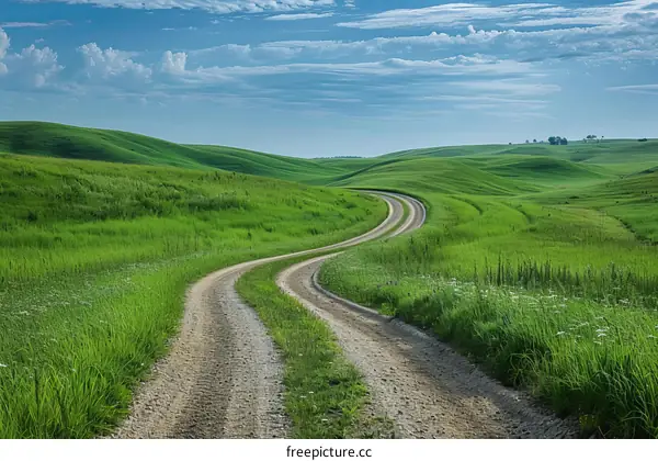 Scenic view of a rural road winding through green hills