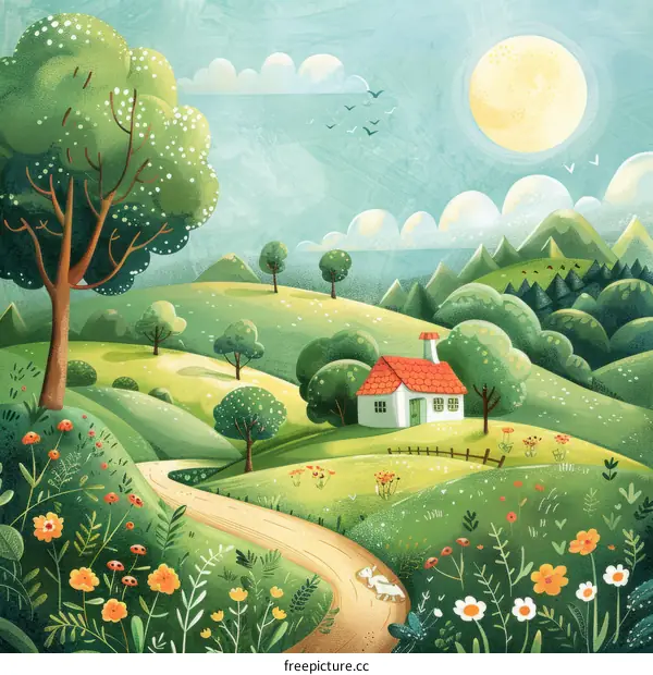 Cute cartoon house in the valley with green hills and trees