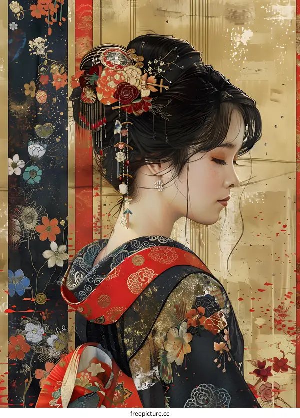 Portrait of a Japanese woman in traditional kimono with floral background