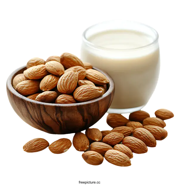 [Transparent Background PNG]Almond nuts and almond milk healthy food drink