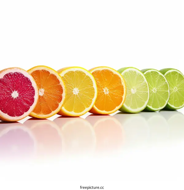 Various citrus fruits are arranged in a row