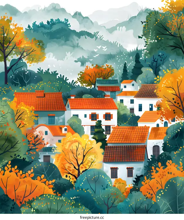 An illustration of a mountain village in the fall