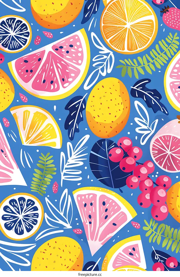Colorful Fruit Pattern With Leaves And Berries On Blue Background