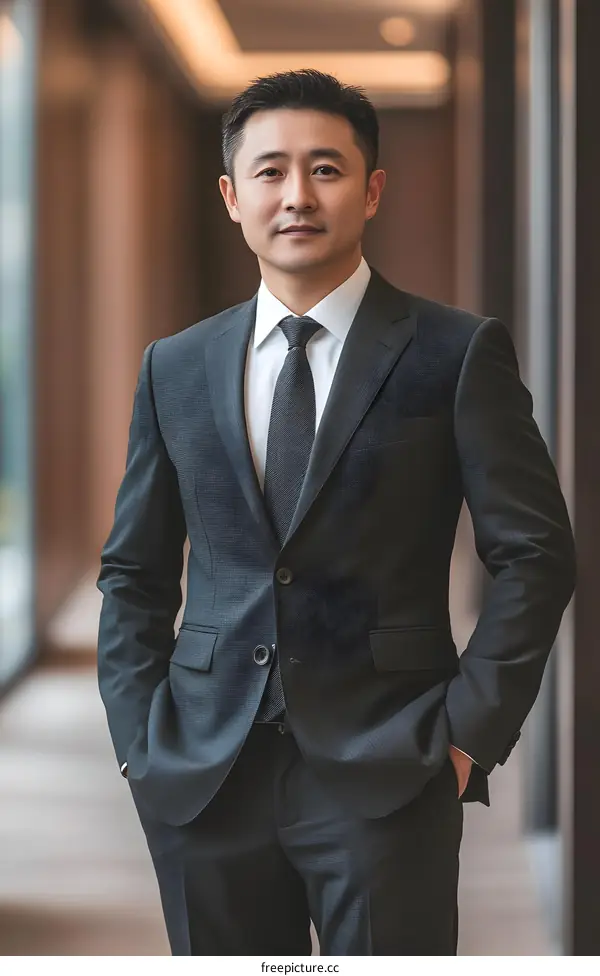 Confident Asian Businessman in Suit Standing in Office Lobby