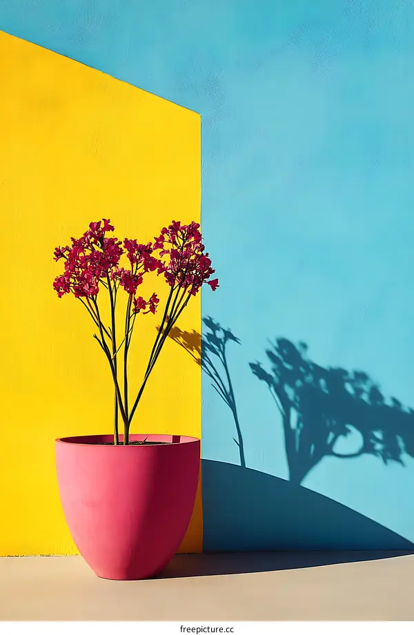 Pink Potted Plant Against Yellow and Blue Wall