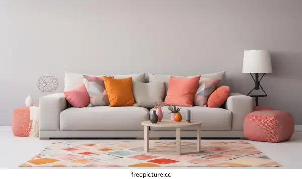Modern Living Room with Pink Sofa and Geometric Rug