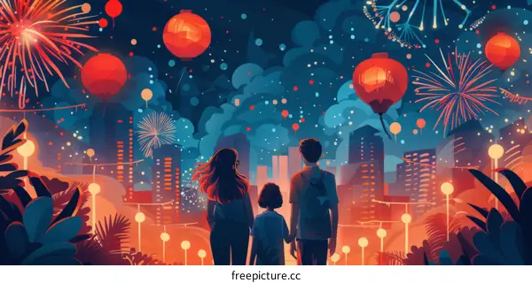 Chinese New Year Celebration: Family Watches Fireworks Show in Taipei