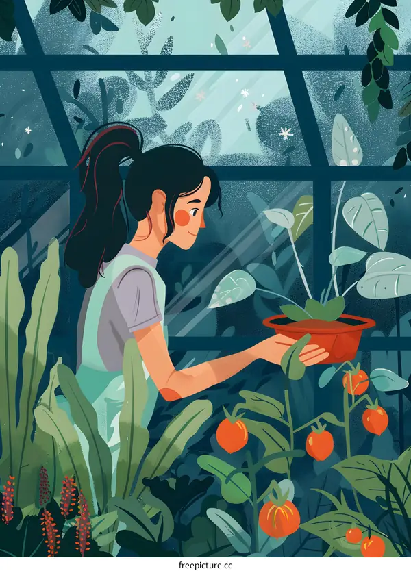 Woman with Ponytail Caring for Plants in Greenhouse