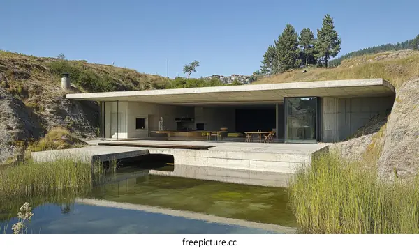 Modern Concrete House by a Pond Landscape Design