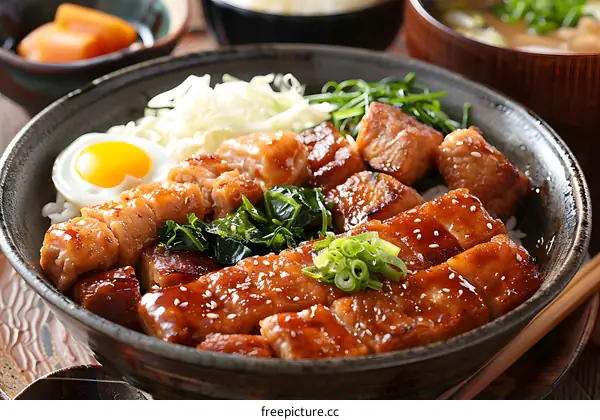 Close Up of Japanese Teriyaki Chicken Donburi Rice Bowl with Egg and Greens