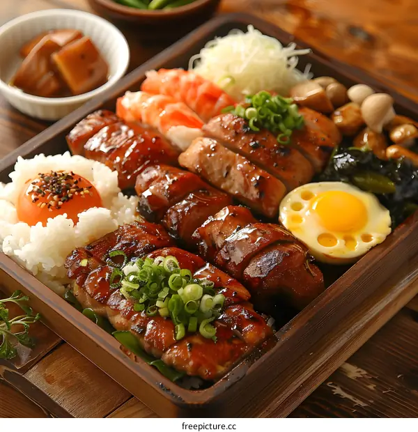 A delicious and healthy Japanese meal with rice, chicken, shrimp, and vegetables