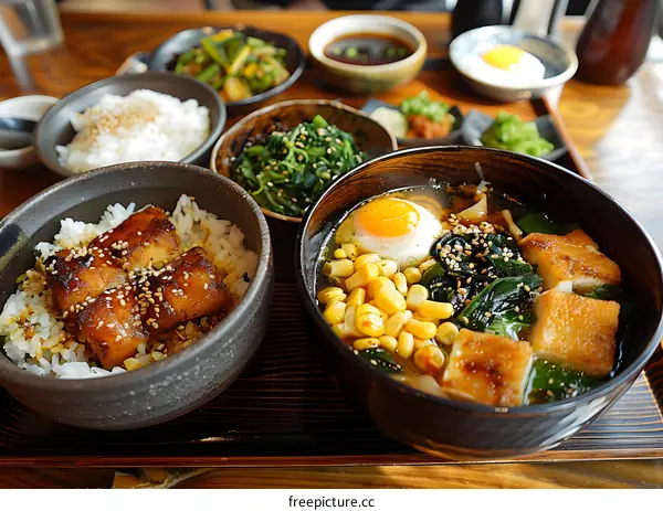 A delicious Japanese meal with rice, soup, and vegetables