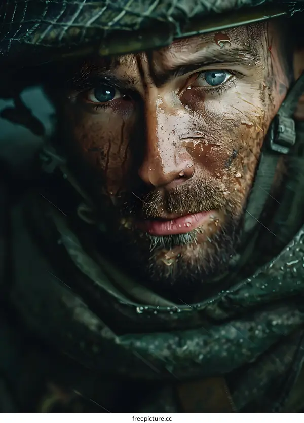 Portrait of a soldier with camouflage on his face