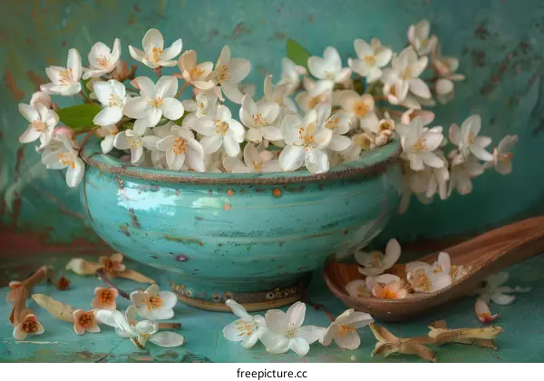 Delicate white flowers in a blue ceramic bowl