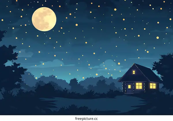 Night Sky with Full Moon and Cabin in the Woods