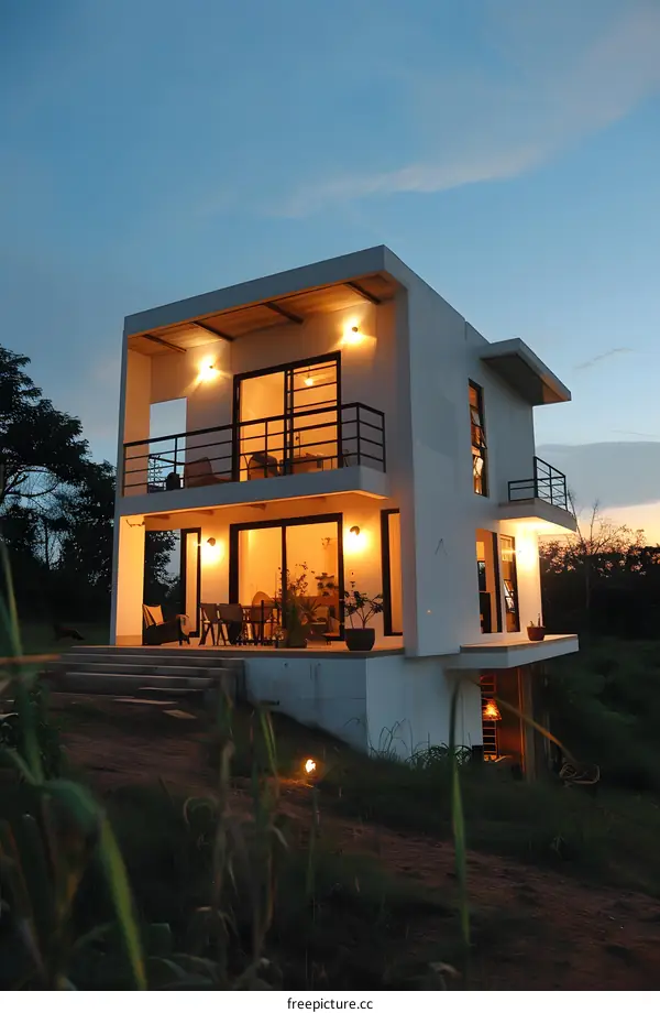 Modern White House With Glass Doors and Balconies at Dusk