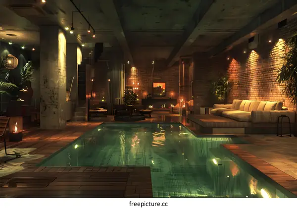 Indoor Swimming Pool Design With Modern Furniture And Brick Walls